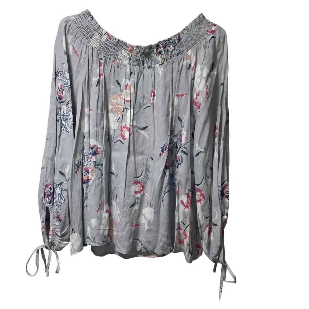 ASTR the Label Grey Floral Smocked Off the Shoulder Tassel Tie Blouse AT12170β M